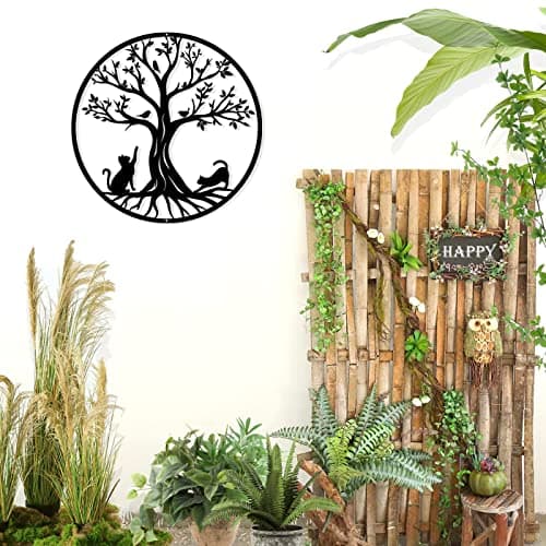 Pduoduo Arbre de vie en métal -Décoration Murale en Métal avec des Chats,Noir Tenture Décor Silhouette Mur Art pour Cadeau Intérieur Cadeau Extérieur Jardin Maison Décoration,30cm