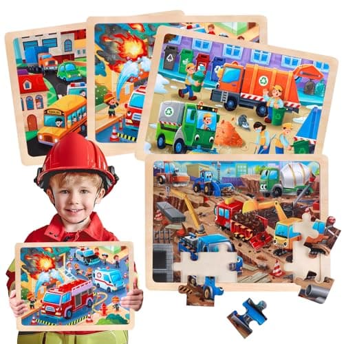 Puzzles en Bois Enfant 3 4 5 Ans, Lot de 4x24 Pièces Jouet Puzzle Jeux,Véhicules de Construction Camions Pompiers Transport Urbain Jeux Montessori Éducatif Jigsaw Puzzle Jouet pour Garçons Filles