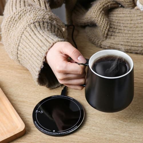 APEKX Réchauffeur de Tasse Intelligente – Maintien de Température Stable à 55°C (131°F), Recharge Sans Fil 15W, Capacité 380ml (12.8 oz) – Marche/Arrêt Automatique, Port USB-C, 4H de Maintien (Noir)