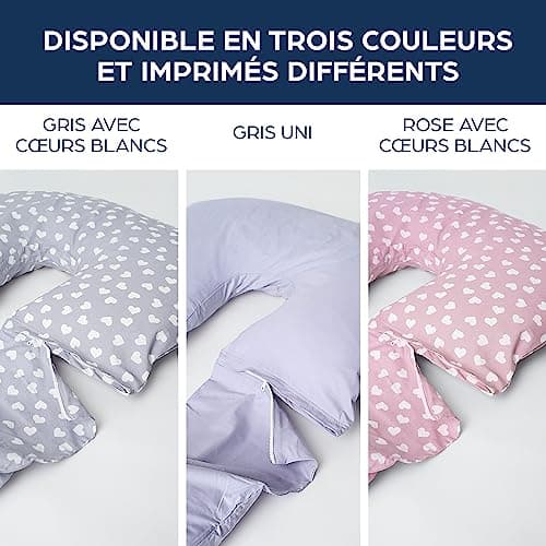 Niimo Coussin de Positionnement - Coussin de Grossesse en U - Coussin de Grossesse pour Dormir - Multifonction et Adapté Allaitement - Housse 100% Coton (Gris avec cœurs Blancs)