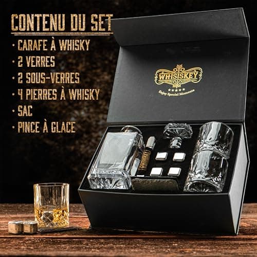 WHISISKEY Carafe Whisky - Carafe à Whisky - 700ML - Coffret Cadeau Homme - Coffret Whisky Luxueux - Idee Noel - Decanter avec 2 Verre à Whisky, 4 Pierre a Whisky, Whiskey Accessories