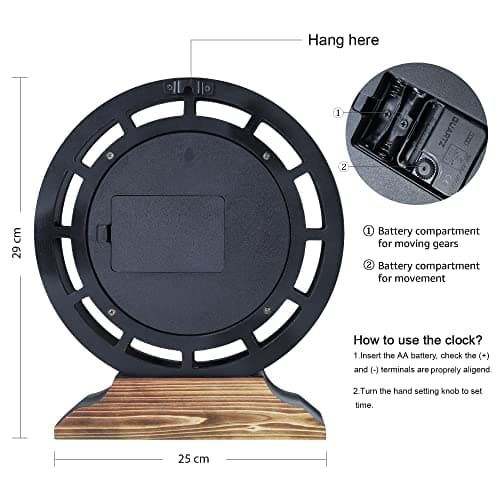 Lafocuse Pendule de Bureau avec Engrenages Mobiles, Bois Industrielle Vintage Steampunk Noire, Transformable en Horloge Murale, Retro Chiffres Romains pour Etagère Table Salon Bar 29cm