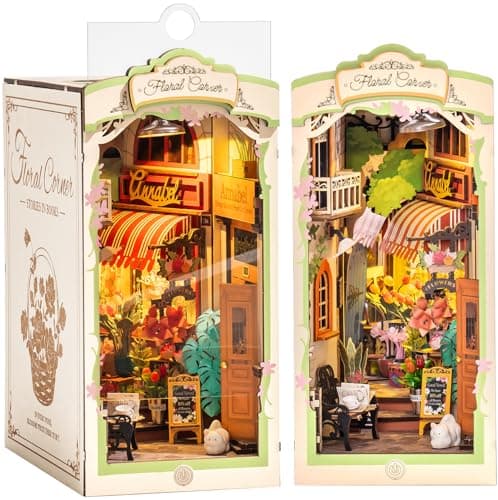 ROBOTIME Book Nook Coin Floral avec Lumières LED, Booknook Maison Miniature a Construire, Nook Book Kit Bibliothèque, Cadeaux pour Adultes et Enfants