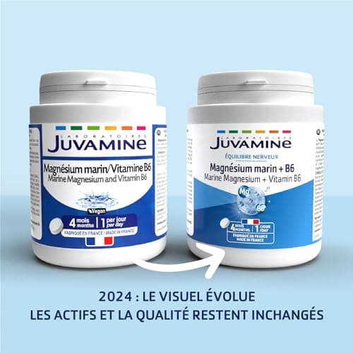 JUVAMINE - Magnésium Marin 300mg + Vitamine B6 - Fatigue - Stress - Equilibre nerveux - Bien être - Système nerveux - Format 4 Mois - 120 Comprimés - Fabriqué en France