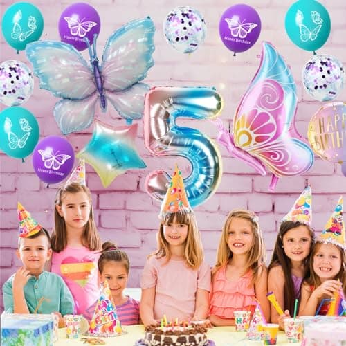 Ballons Papillon 5 ans Anniversaire Décoration, Fille 5 Papillons Décoration, Papillons Decoration Anniversaire 5 ans, Ballon 5 ans violet Papillon, Fille 5 ans Décoration de fête