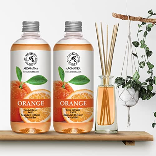Recharge pour Diffuseur Orange 2x500ml - Diffuseur de Huile Aromathérapie à l'Huile Essentielle Orange - Parfum de Ambiance - Diffuseur Parfumé - Arôme Orange - Diffuseur avec Bâtons