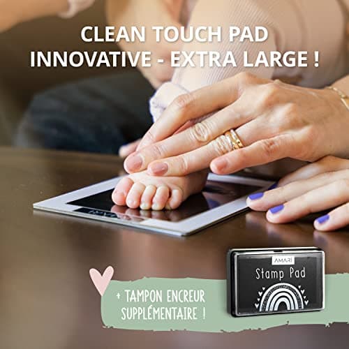 Amari ® Set d'empreintes de main et de pied de bébé avec 2 tampons encreurs et 4 cartes d'impression - Cadeau kit pour bébé - Empreinte de main et de pied avec cadre photo - Baby Party cadeau