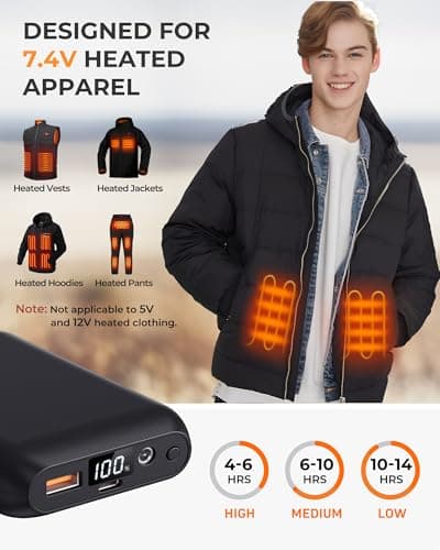 Sevdiea Batterie Veste Chauffante 7,4V 16000mAh, Sevdiea Batterie pour Gilet Chauffant avec Écran LCD, Chargeur Portable Batterie Externe pour Veste Chauffante avec Port USB DC