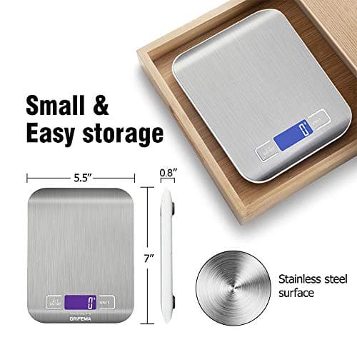GRIFEMA GA2002 Balance de Cuisine Électronique de Haute Précision 5000g/1g avec Écran LCD Rétroéclairé, 6 Unités et Fonction Tare Acier Inoxydable, Smart Digital, pour Alimentaire Multifonctionnel