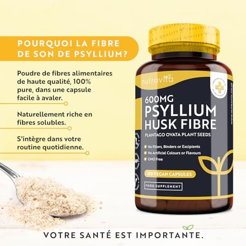 Psyllium Blond Bio 1400 mg par Dose - 180 gélules végane - Fabriqué à partir de graines de Plantago Ovata 100% pures − Fabriqué au Royaume-Uni par Nutravita