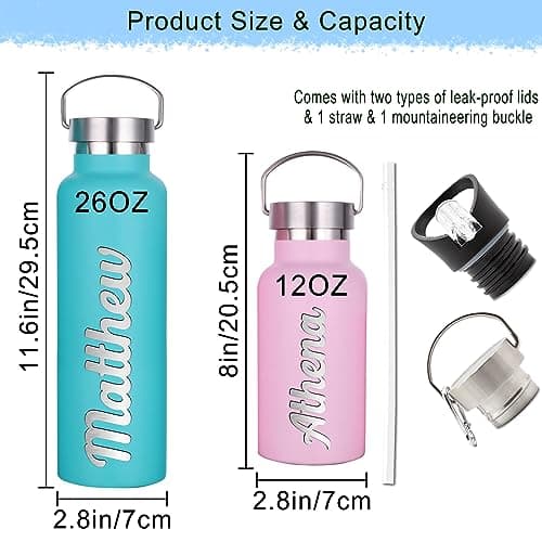 Xihedfd Gourde Personnalisée Avec Paille 350ml 750ml Nom Gravé Logo Bouteille Isotherme Bouteille d'eau Personnalisée En Acier Inoxydable Cadeau pour l'École Le Sport Le Bureau l'Extérieur