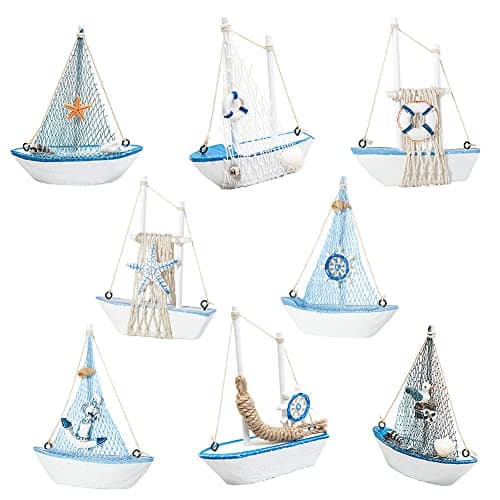JAWSEU Modèle de Voilier en Bois, Mini Voilier Modèle Décoration Miniature Bateau à Voile Nautique Ornements de Voilier Petits Bateaux en Bois avec Filet Pêche Jouet de Marine Ornements de Table