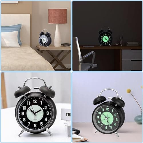 Nutabevr Réveil Double Cloche, avec Lumineux Silencieuse Réveil, Rétro Mécanismes à Quartz Électroniques, sans tic-tac, pour Chambre à Coucher, Salon, Noir Grand modèle réveil Classique