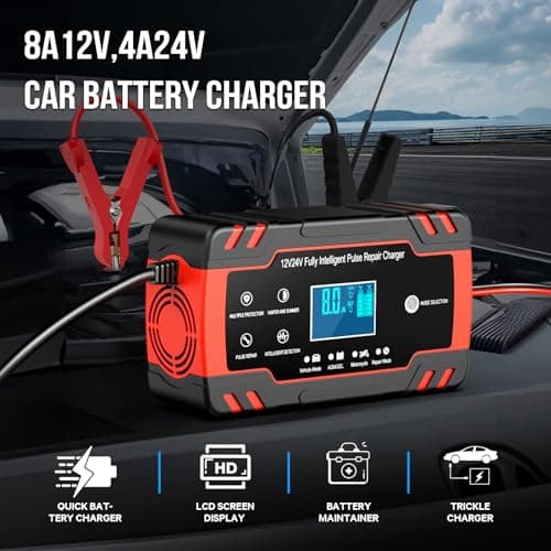 Husgw Chargeur de batterie 12V/24V 8A,chargeur intelligent doté de multiples fonctions de protection, de maintenance et de réparation automatiques,adapté aux voitures,camions,AGM,Gel et SLA (8-100 AH)