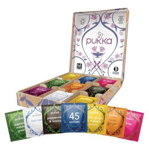 Pukka Coffret Sélection, Idée Cadeau Femme et Homme, Coffret Cadeau de Tisanes, Coffret Cadeau Thé 100% Bio Noël, Anniversaire, 9 Saveurs, Matcha, Gingembre, Miel, Nuit paisible et plus, 45 Sachets