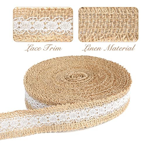 jijAcraft 2,5cm Ruban Jute Dentelle, 10M Dentelle Rouleau Toile de Jute, Rouleau Toile de Jute Naturel pour décorer Mariages Champêtres Anniversaires Artisanat