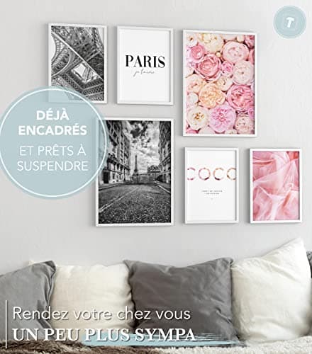 Papierschmiede® Set Mood Posters, Tableau Décoration Murale « Coco Paris » cadres en bois laqué blanc, Bureau, Salon, Deco Chambre Parentale, Cuisine, 2x A4 et 4x A5, fleurs pivoines rose noir blanc