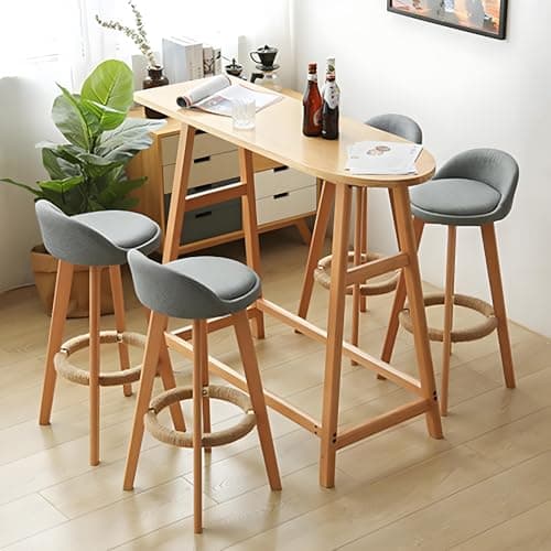 Lot de 2 Tabourets de Bar Gris, Chaises de Bar de Comptoir de Cuisine avec Siège en Tissu Rembourré, Pieds en Bois Massif, Tabourets de Bar Rotatifs à 360° Chaises Hauts de Salle à Manger (63cm)