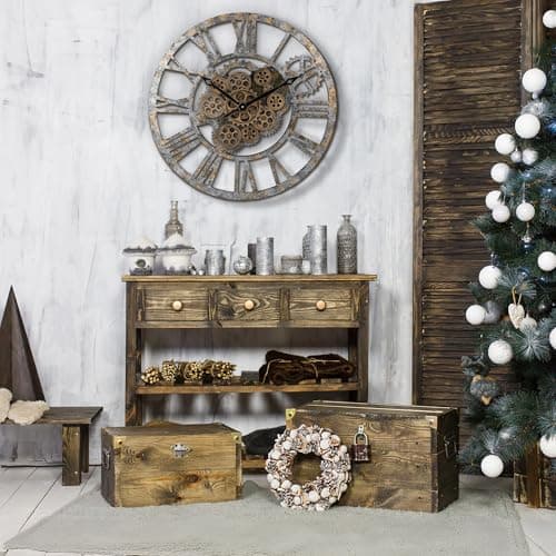 Lafocuse Horloge Murale Geante avec Engrenages Mobiles, Marron Industrielle Bois, Steampunk XXL Vintage Pendule Murale Retro, Chiffres Romains 57cm pour Salon Bar Bureau