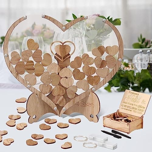 Arespark Livre d'or pour Le Mariage, Conjungo de décoration de Mariage en Bois Cœur, 100 Cœurs en Bois, boîte de Rangement,2 marqueurs,2 Barres Lumineuses, Cadeau, décoration