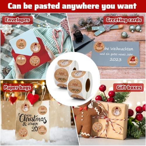 LIMITADA Gommettes Noël 1000 Pcs Autocollants De Noel Rouleau D'autocollants de Noël Etiquette Vacances Cadeau Autocollants d'enveloppe Joyeux Noël Autocollants Étiquettes Adhésives en Papier Kraft