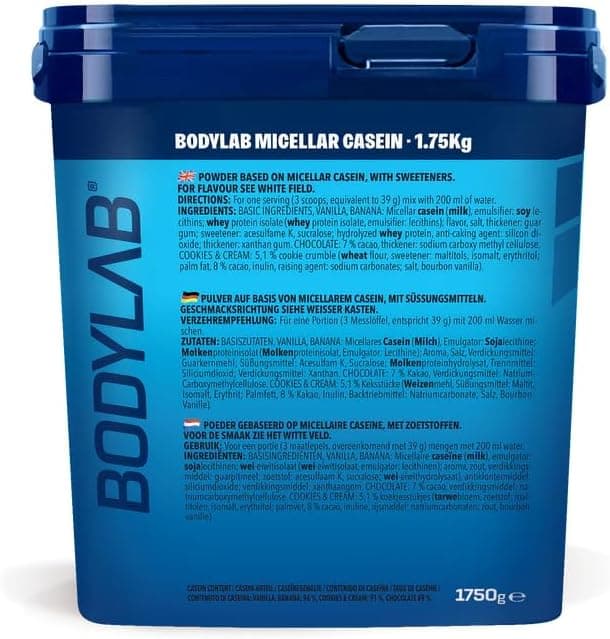 Bodylab24 Casein Micellar Banane 1750g, 100% caséine pure, riche en acides aminés BCAA, longue sensation de satiété, favorise la construction musculaire, idéal pendant un régime protéiné