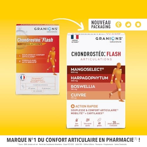 GRANIONS Chondrostéo+ Flash Articulations - 40 Gélules = 10 Jours - Mangoselect (Garcinia Mangostana), Boswellia, Harpagophytum - Confort Articulaire - Laboratoire des Granions - Marque Française