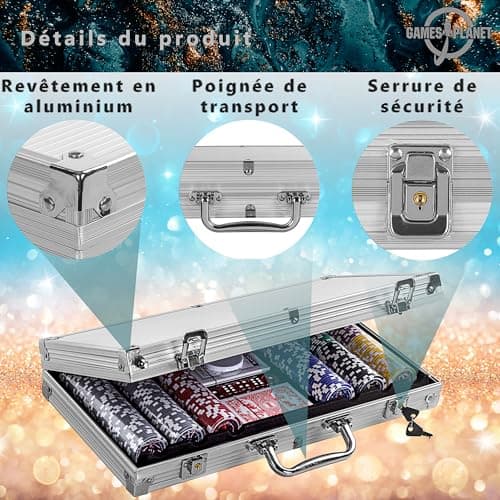GAMES PLANET Mallette de Poker avec 300 jetons Laser, édition Argent/Or/Noir - Sélection: Argent