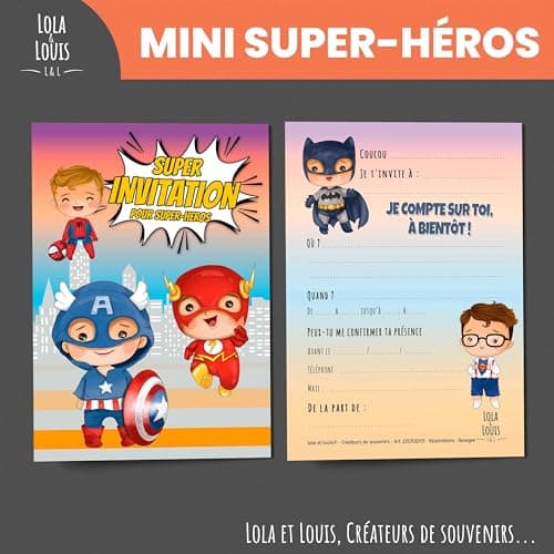 LOLA & LOUIS® • 10 cartes invitation anniversaire en Français • 10 enveloppes • Thèmes super-héros (Spiderman, Flash, Captain America, Batman) • Cartons pour inviter filles et garçons