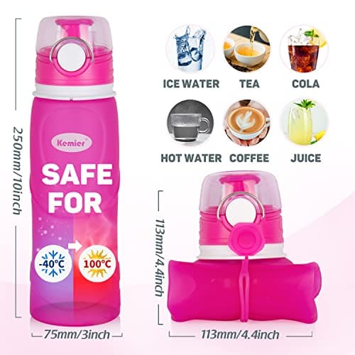 Kemier Bouteilles d'eau Pliables en Silicone de 750 mL,Sans BPA,Approuvées par La FDA.Bouteilles d'eau Pliables Pouvant s’Enrouler Pour Sports et Plein Air,étanches et à l'épreuve Des Fuites(Rose)