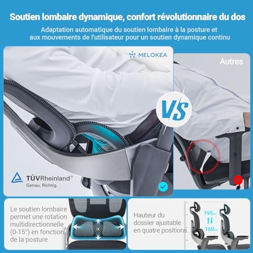 MELOKEA Fauteuil Bureau Ergonomique 200Kg Confortable, Chaise Bureau avec Soutien Lombaire Dynamique, Accoudoirs 4D, Réglable en Hauteur, Profondeur D'assise Ajustable, en 1335, Siege Bureau