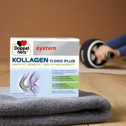 Doppelherz, Kollagen 11000 Plus, Hydrolysat de collagène et Vitamines C, D et minéraux, Pour les os, cartilages et muscles, Goût fruits des bois, 30 flacons de 25ml