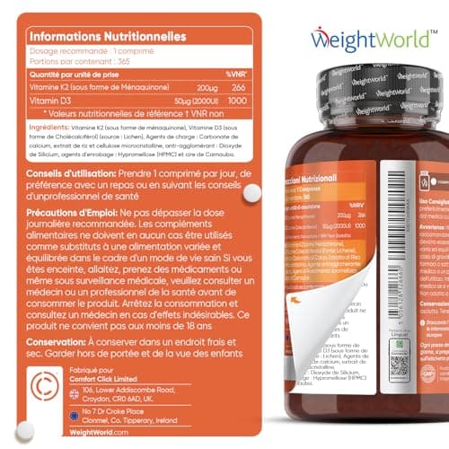 Vitamines D3 K2 (MK7) 100 % Pure 365 Comprimés - Combinaison Vitamine D3 2000 UI + Vitamine K2 200 μg - Pour les Os, Muscles, le Système Immunitaire, la Coagulation Sanguine Vitamine du Soleil EFSA
