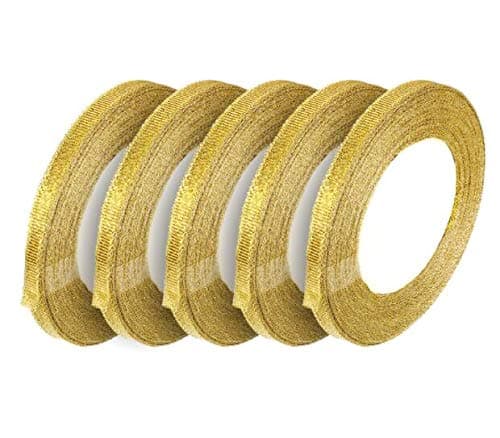 Lot de 5 rouleaux de ruban doré scintillant de 1,0 cm en tissu doré brillant magnifique ruban pour cadeaux, bricolage, décoration de mariage, fête de mariage, Brithday Wrap DIY Artisanat