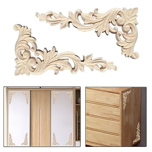 Gativs Bois Sculpté Decoration 4 Pièces Moulure Decorative Bois Applique en Bois Décalque Sculpté Bois Non Peint Sculpté Meuble Sculpté Onlay Applique en Bois pour Décoration Meuble,20 * 10cm