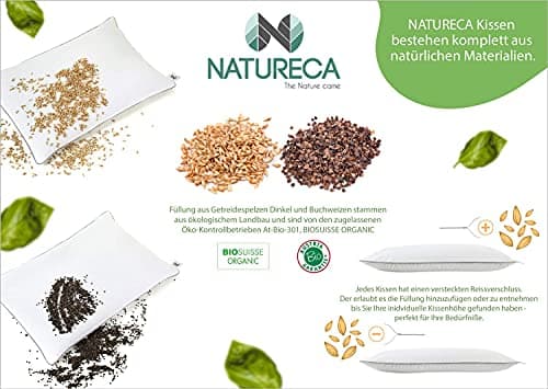 NATURECA Oreiller Epeautre Bio, Oreiller Ferme de taie Oreiller Ergonomique Coton, Oreillers 40x80 pour la Nuque, Oreiller orthopédique Anti Douleur vannure d’épeautre, décontracter Les Muscles