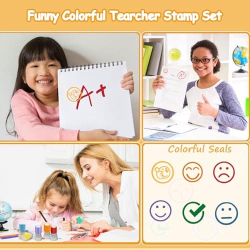 Qcdou Tampons Enseignants Français, 6PCS Plastique Tampon Auto Encreur Enfant, Tampon Smiley, Tampon Ecole Mignon pour Encourager Motiver Élèves, Spécial Cadeau Professeur Ecole Avec Boîte