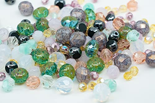 25g Gentle Mix of Faceted Fire Polished Czech Glass Beads (Round, Rondelle etc) 4-10mm, Light Pink Teal Yellow Opal