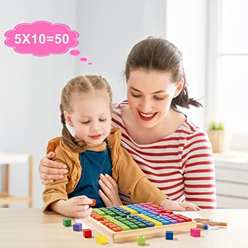 Wisplye Table de Multiplication en Bois, Couleurs Jeu d'exercices de Multiplication Mathématique Montessori Jouets Éducatifs Cadeau pour Les élèves du Primaire et Les Enfants de 3+ Ans
