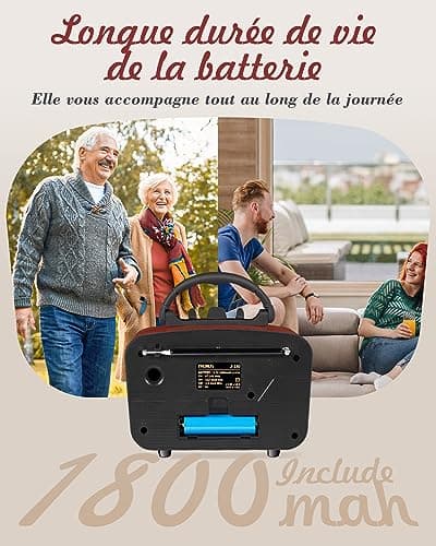 Radio Vintage Rétro, PRUNUS J-180 Poste Radio Portable AM/FM/SW Radio Bluetooth 5.0, Petite Radio Rechargeable avec Batterie 1800mAh, Grand Haut-Parleur 5W, Mini Radio avec Fonction USB/TF/AUX