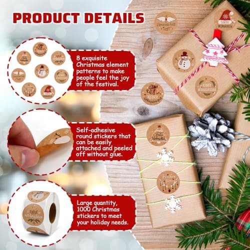 LIMITADA Gommettes Noël 1000 Pcs Autocollants De Noel Rouleau D'autocollants de Noël Etiquette Vacances Cadeau Autocollants d'enveloppe Joyeux Noël Autocollants Étiquettes Adhésives en Papier Kraft