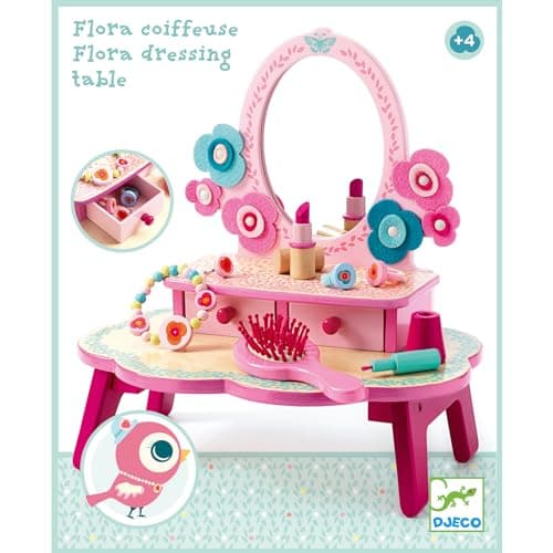 DJECO Coiffeuse en Bois Flora Rose, dès 4 Ans - Jeux d'Imitation & Créativité - Montage Facile - 1 Coiffeuse avec Tiroirs, 1 Miroir, 7 Accessoires Beauté en Bois - L28.5 x l18.7 x H29.7cm