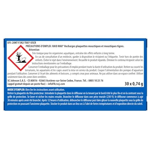 Raid Max Recharges Diffuseur Electrique Plaquettes - Anti-Moustiques et Moustiques Tigres - Protection Efficace - Sans Parfum - 30 Recharges