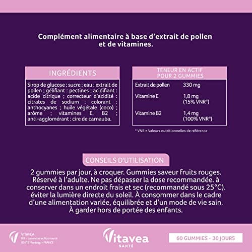 Manhaé - Ménopause Gummies - Complément alimentaire ménopause sans hormones - Bouffées de chaleur, fatigue, bien-être - Pollen BIO, Vitamine E, Vitamine B2-60 gummies saveur fruits rouges - 1 mois