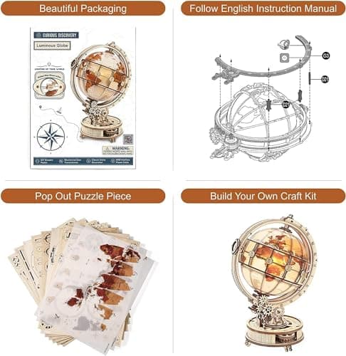 ROWOOD Puzzle 3D Bois Globe Lumineux Maquette en Bois a Construire Adulte - Kits de Modèles de Bricolage Construction Jouet - Cadeaux de Noël et d'anniversaire pour Adultes et Adolescents