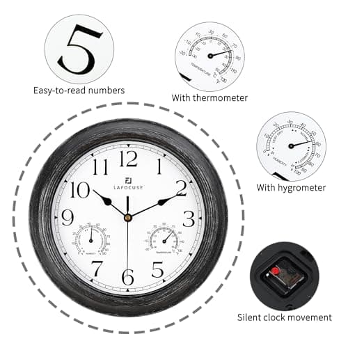 Lafocuse 30cm Horloge Murale Exterieure Etanche avec Thermomètre et Hygromètre, Vintage Noir Pendule Murale Retro, Silencieuse Shabby Chic Deco pour Extérieur, Jardin, Balcon, Salle de Bain, Cuisine