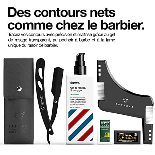 Kit de Rasage et Soins Barbe Bio Sapiens - Coffret Barbe Homme avec Soins barbe Made in France - Gel à raser, Huile Barbe Bio, Baume Barbe Bio, Rasoir Coupe Choux, Accessoires, Trousse de Toilette