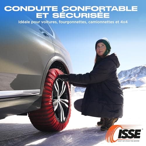 ISSE Chaussettes Neige T-70 | Textiles Homologuées et Haute Sécurité – Kit de 2 Chausettes pour Voitures + Gants, Rouge/Noire