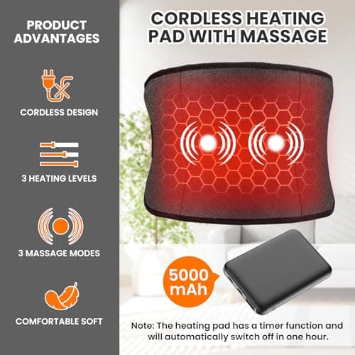 Arlierss Graphène Ceinture Chauffante Lombaire avec Batterie 5000mAh, Coussin Chauffant avec 3 Niveaux de Température et 3 Modes de Massage, Ceinture Lombaire Électrique Avec Arrêt Automatique