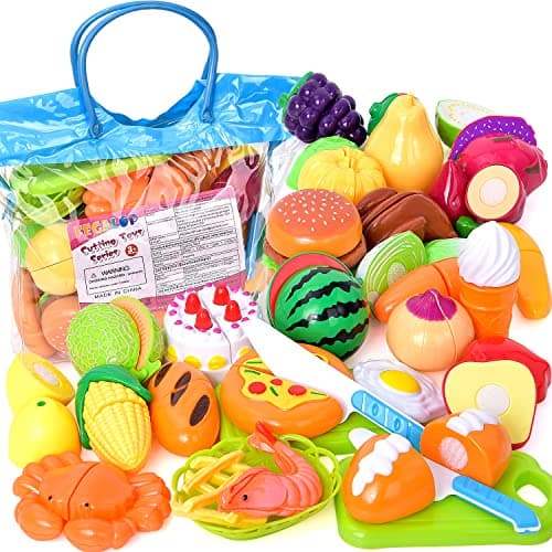 Fegalop 32 Pièces Jouets en Plastique Fruits et Légumes à Découper, Dinette Enfant Accessoire Cuisine Jouet, Chef Jeu de rôle avec,Cadeau Parfait pour Noël et fête d'anniversaire 3 Ans (Bleu)